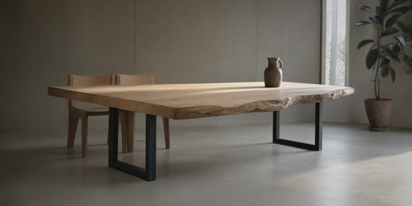 Concept render: a long dining table made from one thick slab of English oak with its natural wavy edge kept along both sides, on slim blackened steel frame legs, in a spare room with a board-marked concrete wall and late afternoon sun across the top, a rubber plant in a clay pot in the corner.