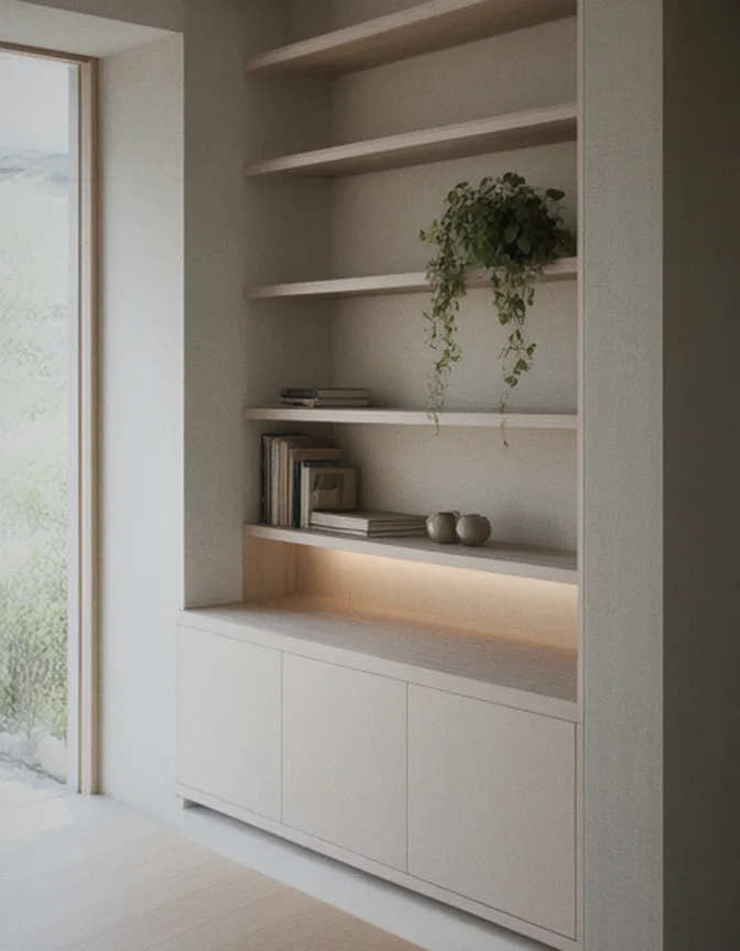 Concept render: a fitted alcove beside a tall window, with pale ash shelves above low flush-fronted cupboards. A trailing plant hangs from one shelf, with books and two stoneware pots, and a hidden warm light runs under the lowest shelf.