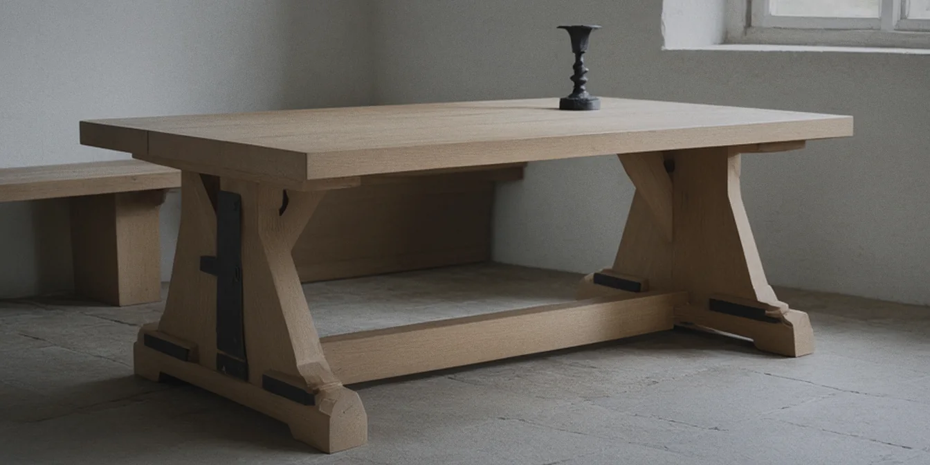 Concept render: a heavy Norse-inspired oak trestle table with a square-edged three-board top and breadboard ends, A-shaped trestle ends joined by a long stretcher locked with oak wedges, hand-forged black iron straps at the joints, in a whitewashed stone room with a flagstone floor.