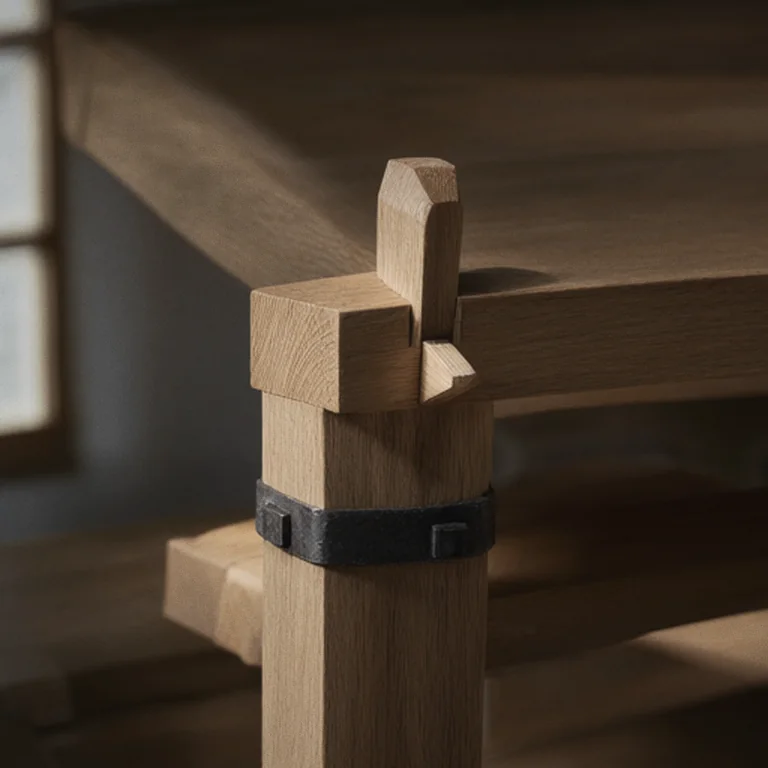Concept render: close-up of a wedged through-tenon on an oak trestle table, the stretcher end passing through the post with a tapered oak wedge driven through it, and a hand-forged black iron strap with square nail heads below, in raking window light.