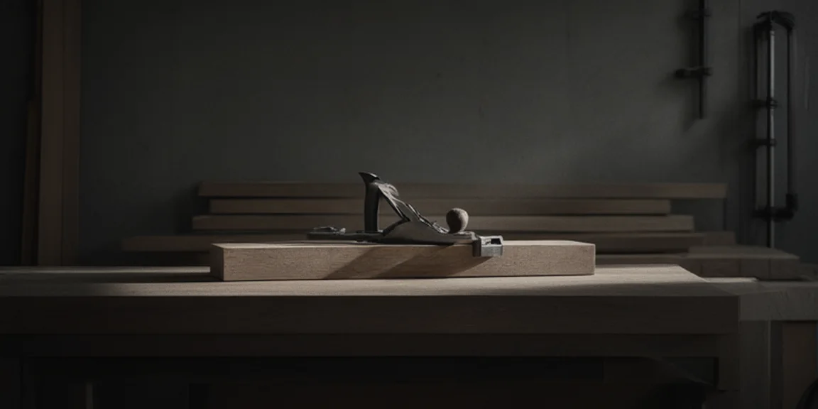 Concept render: a quiet, dim workshop with a hand plane resting on an oak board on a heavy timber bench, stacked boards and wall-hung clamps behind, lit by a low band of daylight. No people.