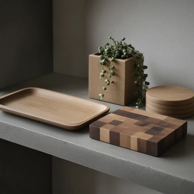 Concept render: small oak and ash pieces on a concrete shelf: a shallow carved serving tray, a checkerboard end-grain chopping board, a small square oak planter with a trailing string-of-pearls plant, and a stack of round coasters.