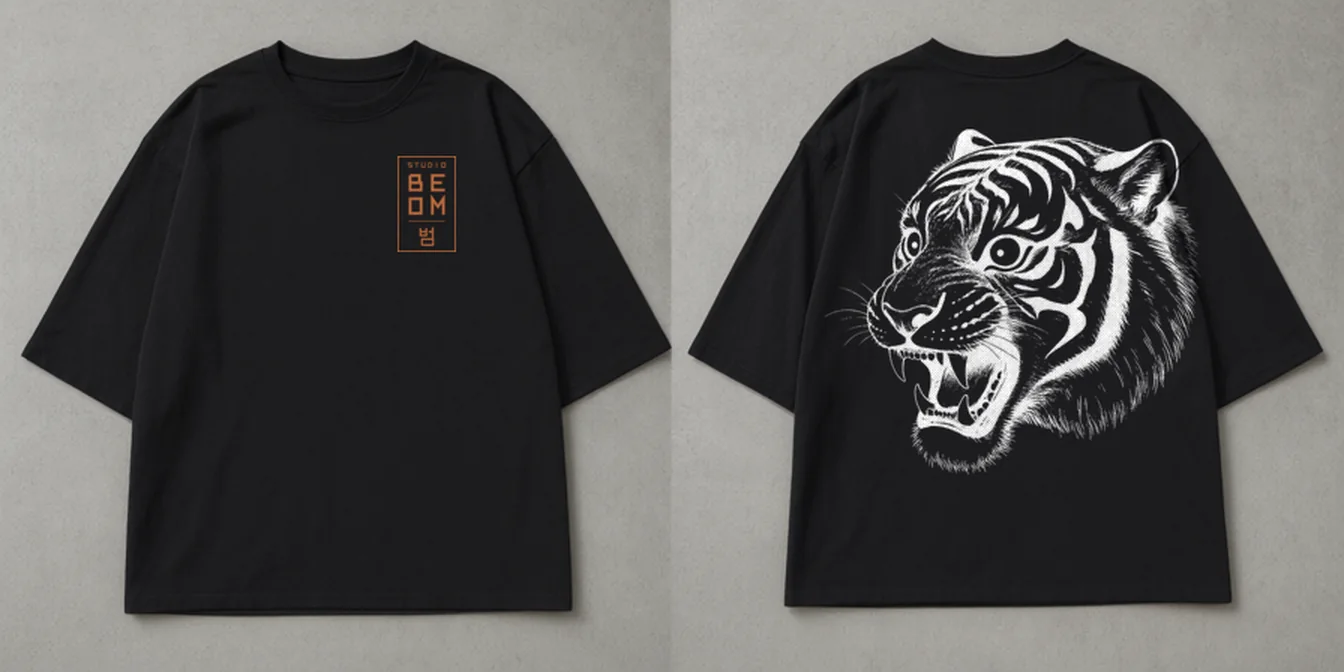 Boxy tee, black, laid flat, front and back: the Studio Beom box mark on the left chest, and a large tiger head drawn in fine line across the whole back.