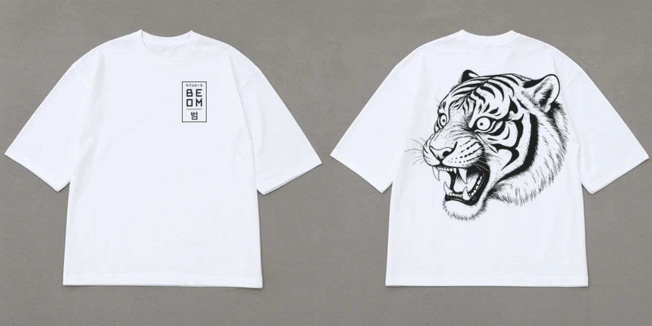 Boxy tee, white, laid flat, front and back: the Studio Beom box mark on the left chest, and a large tiger head drawn in fine line across the whole back.