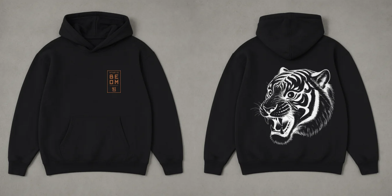 Hoodie, black, laid flat, front and back: the Studio Beom box mark on the left chest, and a large tiger head drawn in fine line across the whole back.
