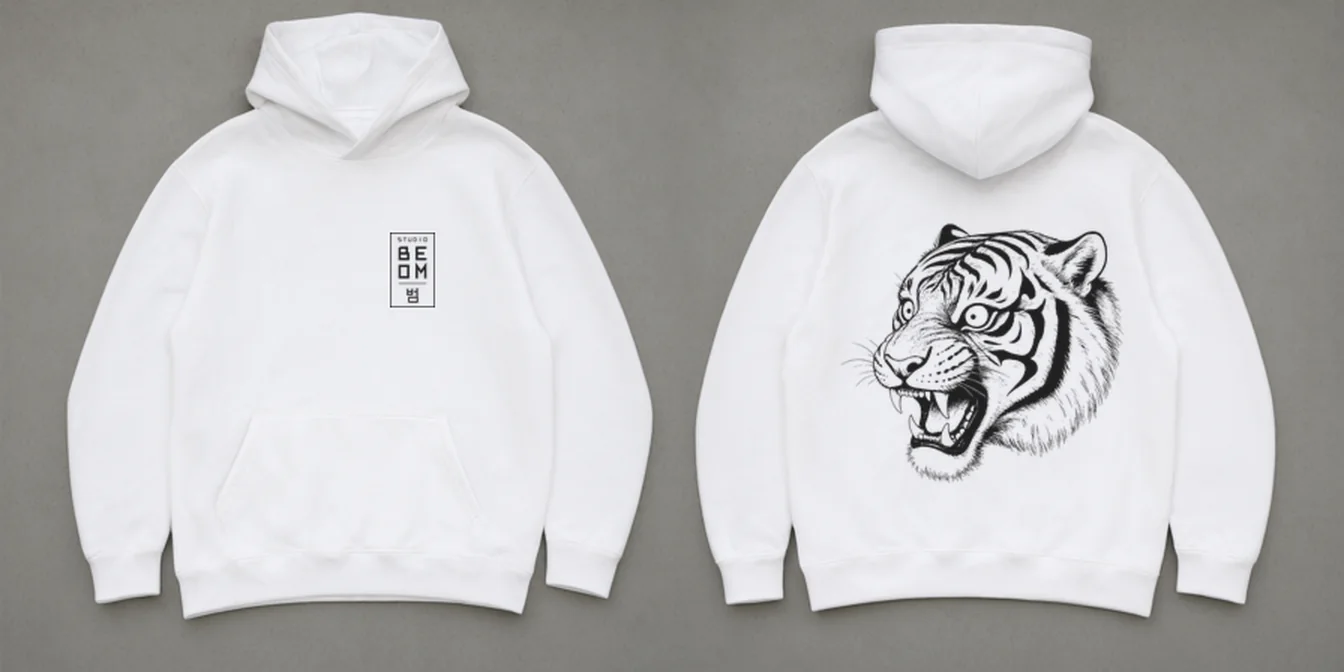 Hoodie, white, laid flat, front and back: the Studio Beom box mark on the left chest, and a large tiger head drawn in fine line across the whole back.