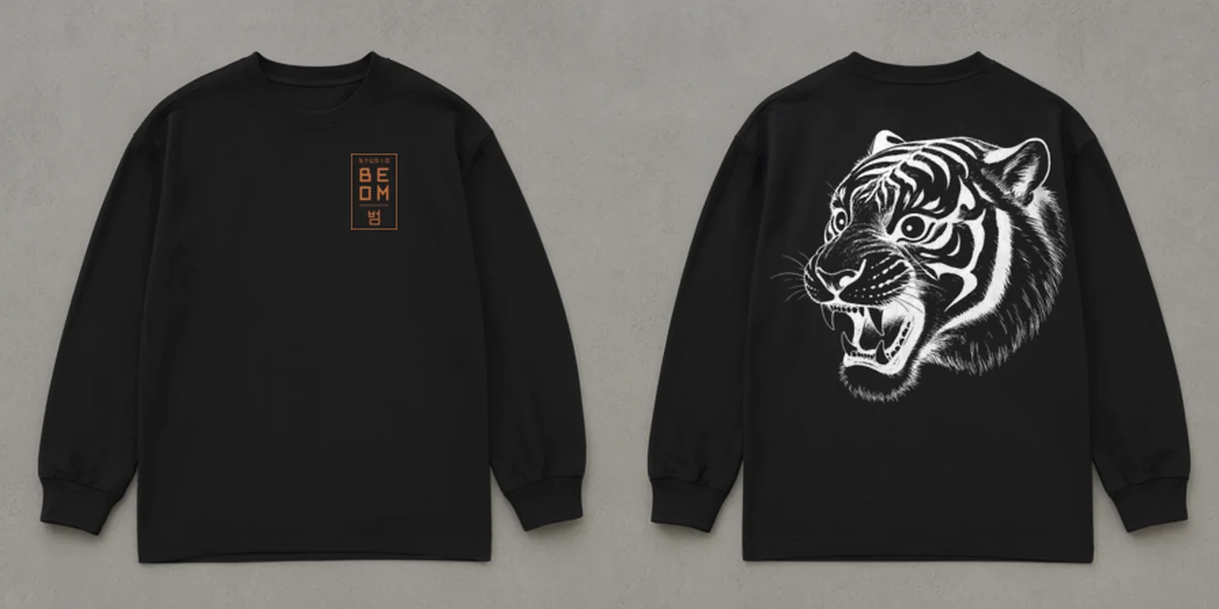 Long sleeve, black, laid flat, front and back: the Studio Beom box mark on the left chest, and a large tiger head drawn in fine line across the whole back.