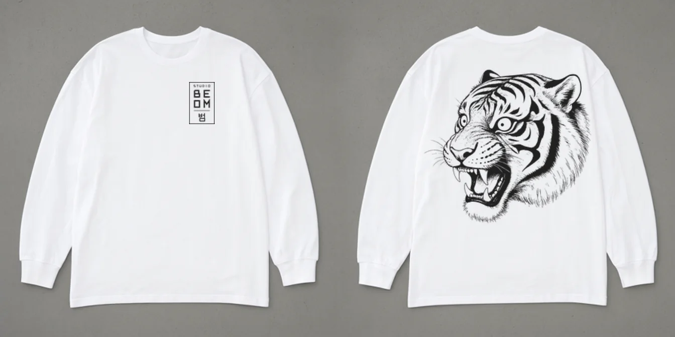 Long sleeve, white, laid flat, front and back: the Studio Beom box mark on the left chest, and a large tiger head drawn in fine line across the whole back.